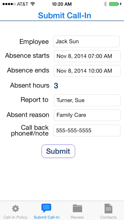 Call-In: employee absence tracking