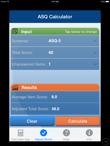 ASQ Age & Adjusted Score Calculator screenshot