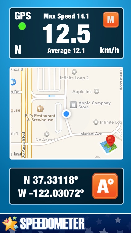 Speedometer - average and maximum speed, coordinates and position on the map