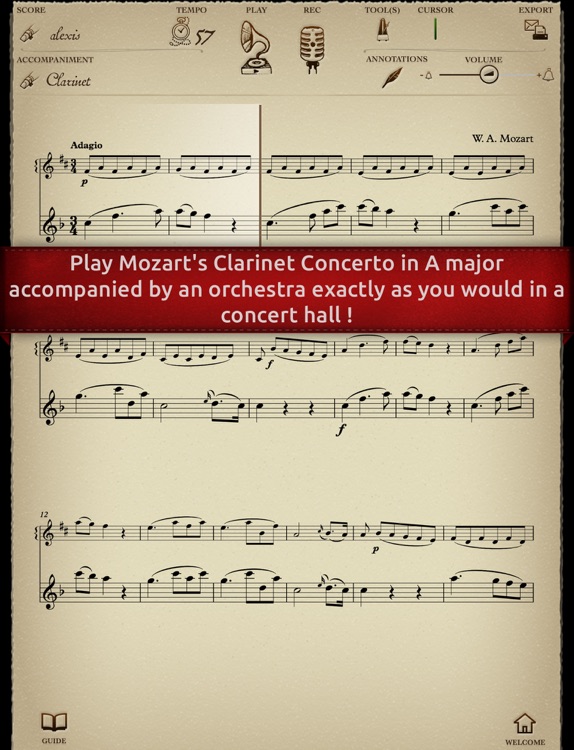 Play Mozart – Clarinet Concerto K622 (interactive sheet music for clarinet)