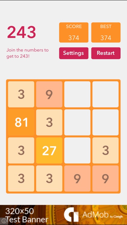 243 Game: Join the numbers and get to the 243 tile!