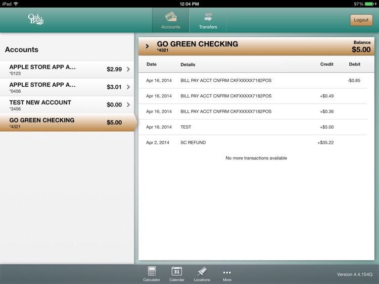 Oak Bank Mobile Banking for iPad