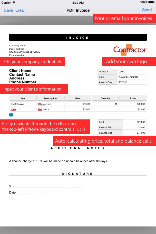 PDF Invoice Generator : Quick and Easy invoicing template app for the mobile freelancers screenshot 4