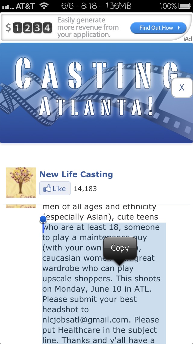 Casting ATL Local casting calls for extras, actors, models, dancers, musicians, interns, and
