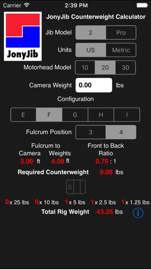 JonyJib Counterweight Calculator