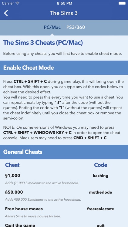 Cheats for The Sims