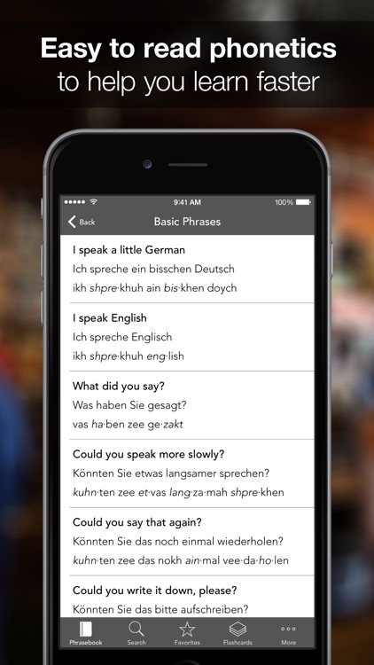 SpeakEasy German ~ Offline Phrasebook and Flashcards with Native Speaker Voice and Phonetics