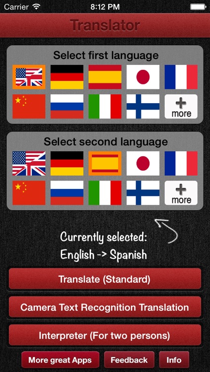 Vocal Translate - does recognize speech as you talk and reads live translations from a sophisticated dictionary for 30 languages like Spanish English Chinese German French Danish Japanese Danish Polish Catalan Portuguese Czech Dutch Romanian Greek