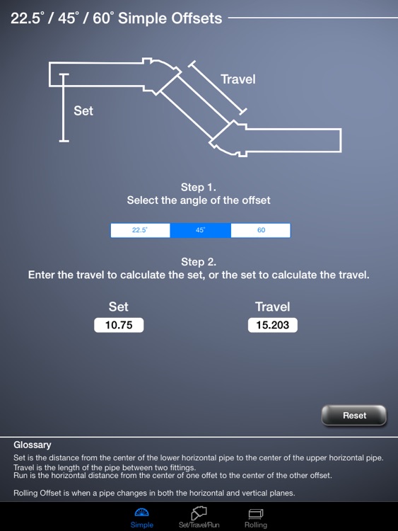 Pipe Offset Calculator for iPad