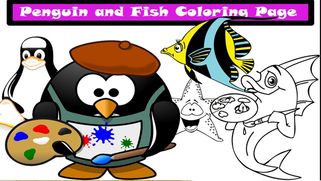 Paint Penguin and Fish Coloring Page for