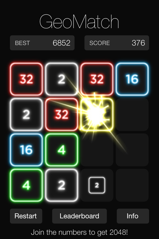 GeoMatch - 2048 experience with glowing neon particle explosions screenshot 2