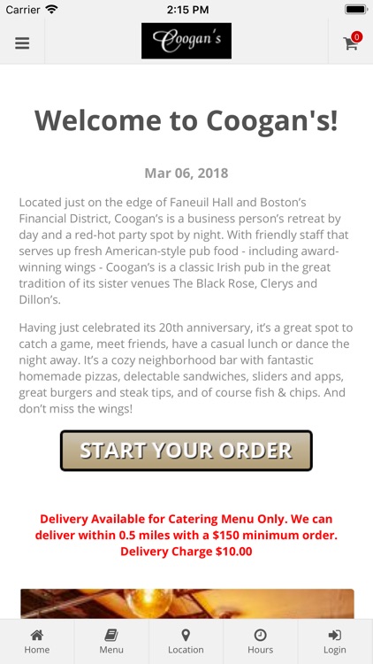 Coogan's Boston App Orders