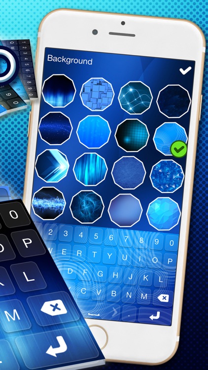 Blue Keyboard with Neon Backgrounds, Emoji & Fonts