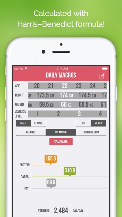 Daily Macros - Harris Benedict Formula Based Carb, Protein, Fat Macronutrient ratios and Calorie Calculator