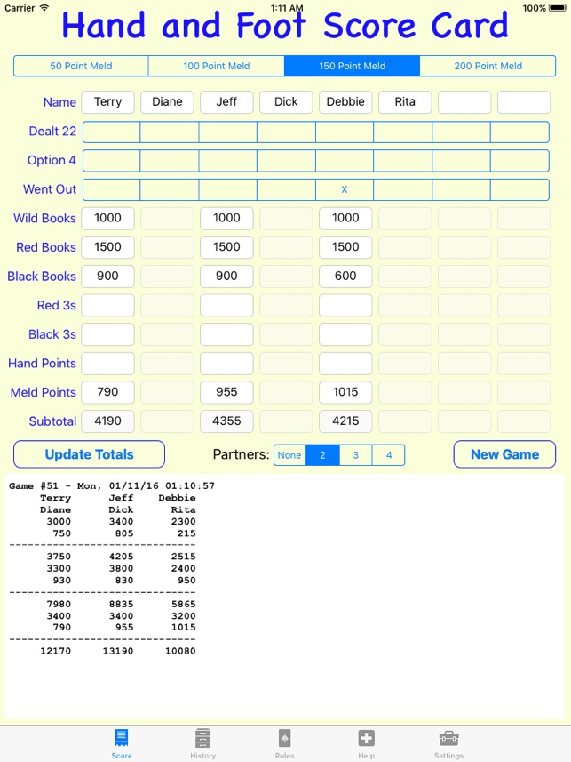 Hand and Foot Score Card