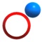 A blue ball and a red ring are traveling on two separate circles