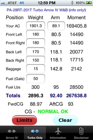 PA-28RT201/201T Arrow IV/Turbo Arrow IV Weight and Balance Calculator screenshot 2