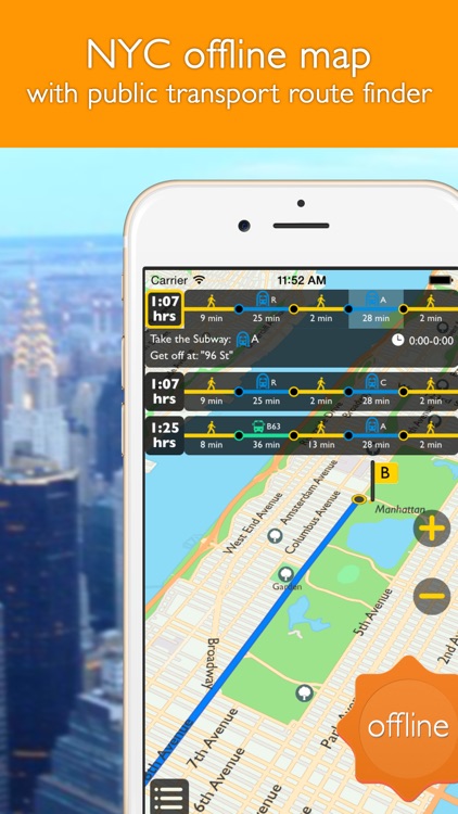 New York City offline map with public transport route planner for my journey
