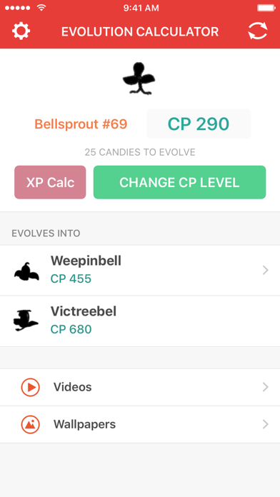 Evolution Calculator for Pokemon GO - XP & CP Screenshot on iOS.
