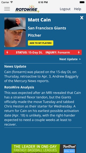 RotoWire Fantasy News Center(圖2)-速報App