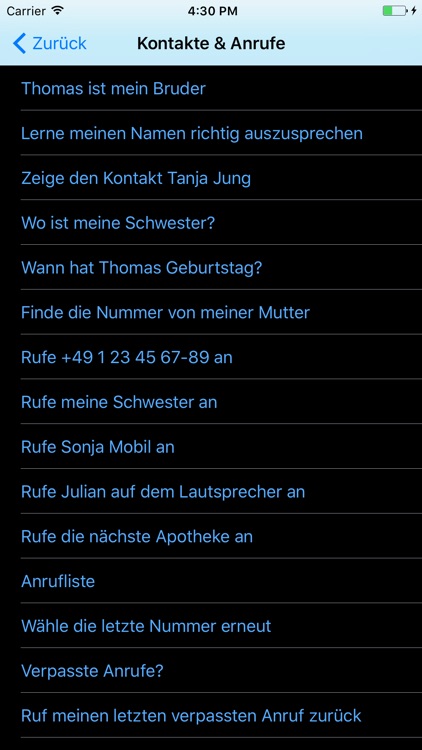 Befehlsliste für Siri