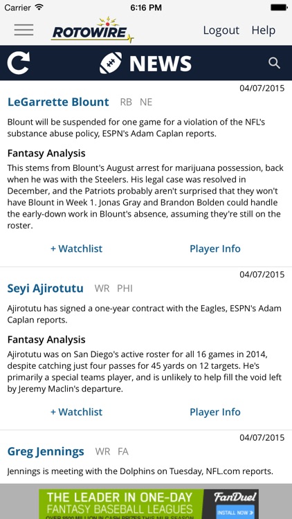 RotoWire.com Fantasy News Center