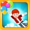 A boy goes soaring up into the sky after holding on to too many balloons