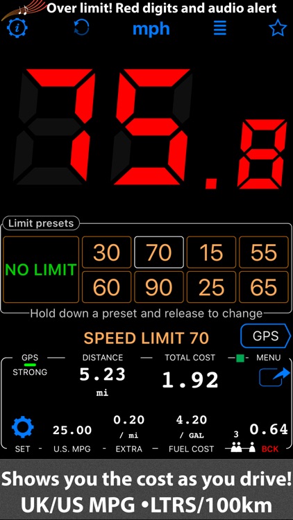 Speedometer. Trip Cost, Mileage and GPS Tracker