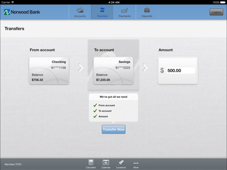 Norwood Bank Mobile Banking for iPad screenshot-3