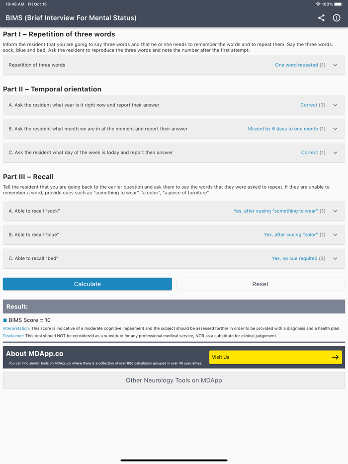 BIMS Score Calculator