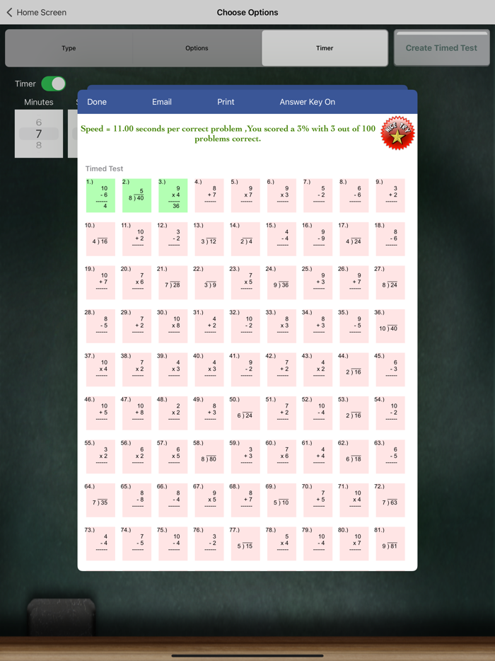 Timed Test for Math Facts