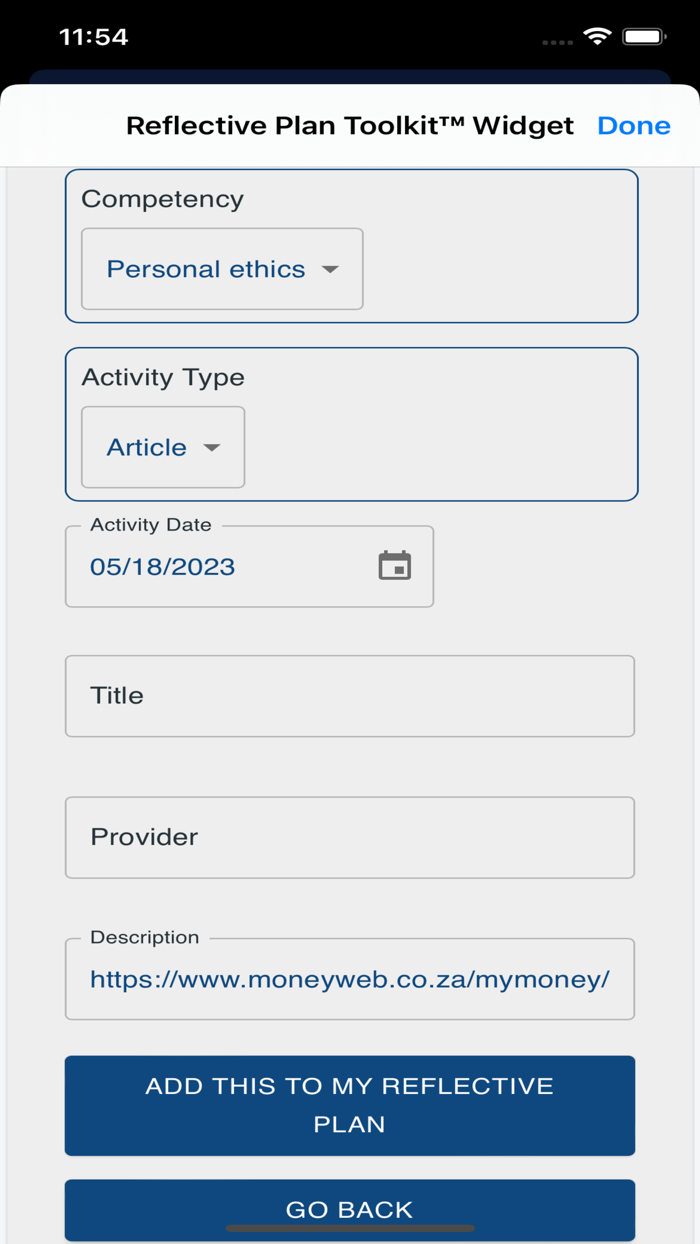 Reflective Plan Toolkit Widget
