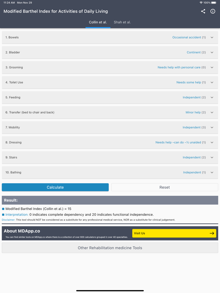 Modified Barthel Index for ADL
