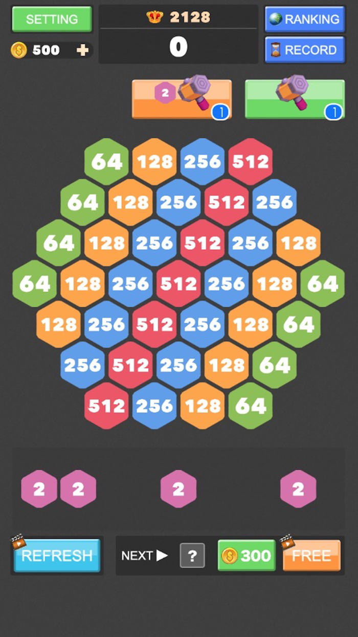 2048 Hexagon Number Puzzle