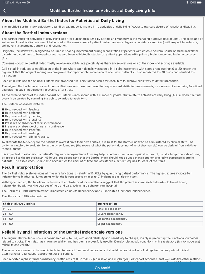 Modified Barthel Index for ADL