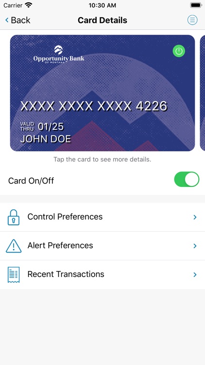 Opportunity Bank Card Controls