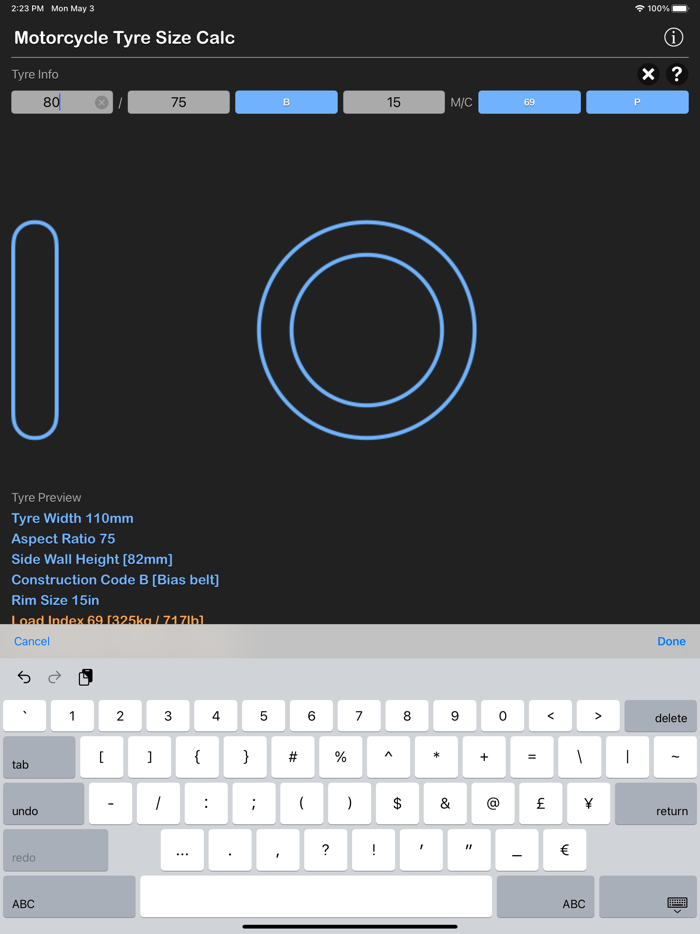 Motorcycle Tyre Size Calc